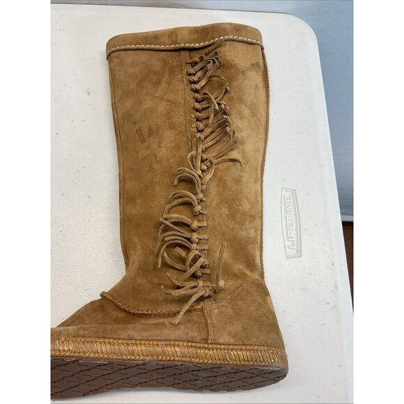 UGG Mammoth Moccasin Brown Sz 9 Suede Leather Fringed Tall Boots Festival‎ Boho - Picture 2 of 11